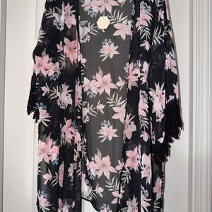 Pinkblush Black Sheer Kimono with Pink Floral Design